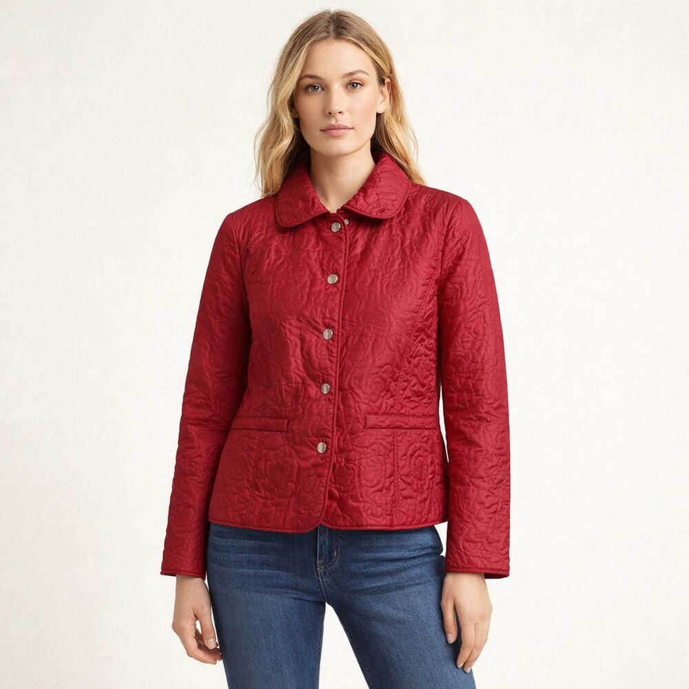 Lightweight Quilted Jacket Size Large Red with rose designs